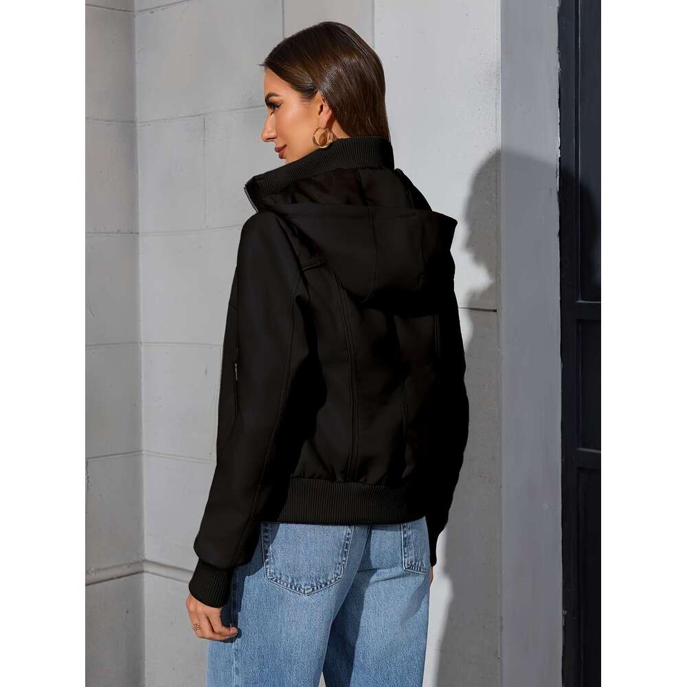 Chic Jacket Casual Chic Women's Black PU Leather Moto Jacket - Long Sleeve Zip-Up With Drawstring Hood Outerwear For Spring & Fall