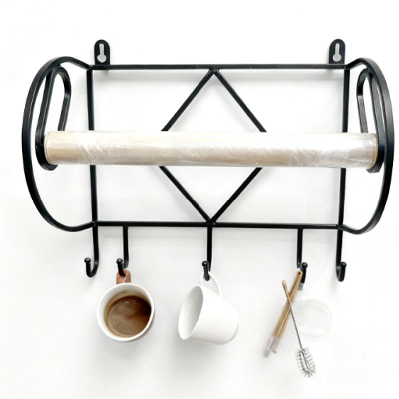 Multi-Functional Iron Heart Paper Towel Holder & Hook Rack, Wooden Roller Wall-Mounted Organizer for Farmhouse Kitchen