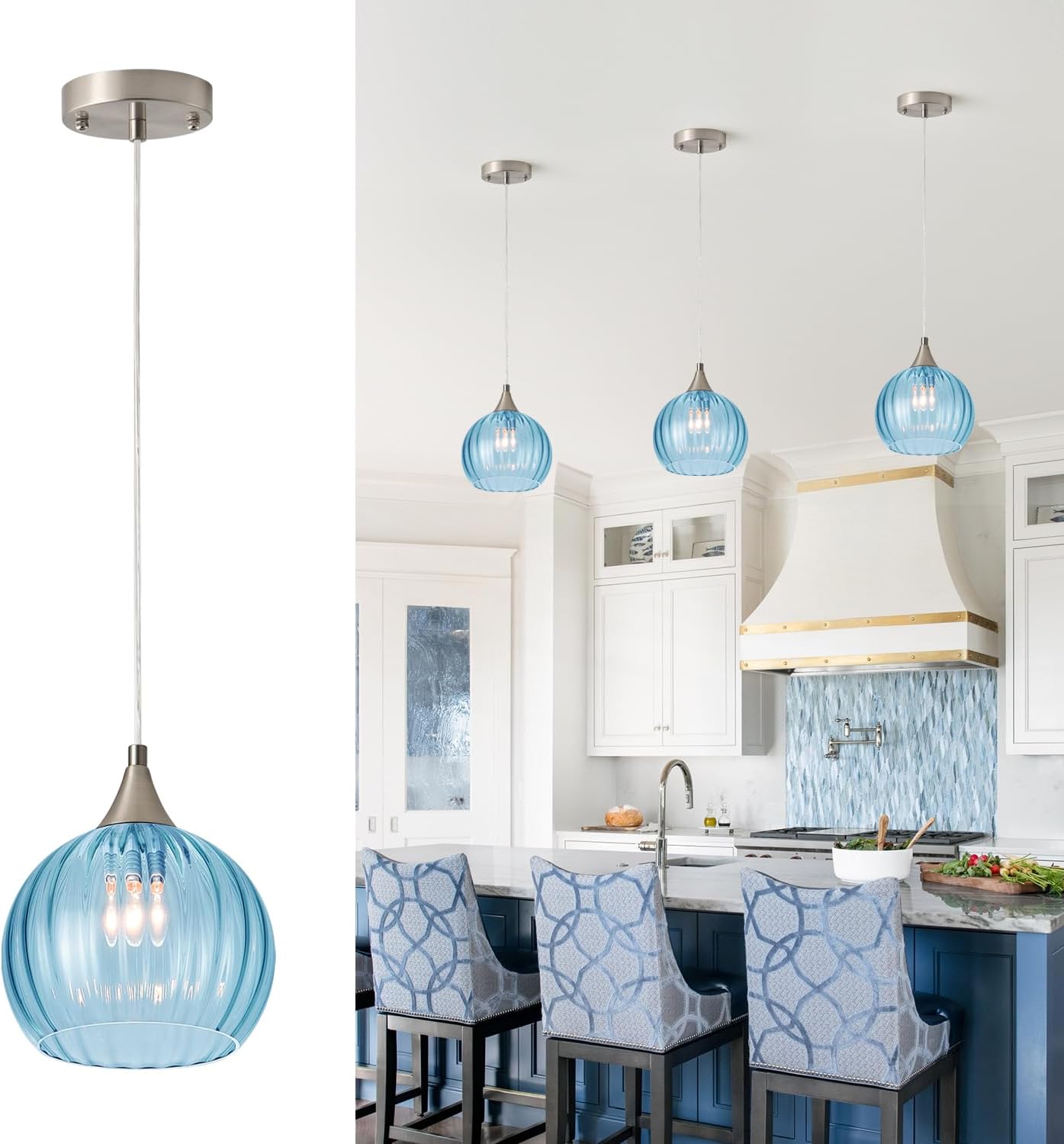 Brushed Nickel Pendant Kitchen Island, Globe Pendant Light Fixtures with 8 Inch Clear Glass Shade, Modern Hanging Light Fixtures for Kitchen, Bedroom