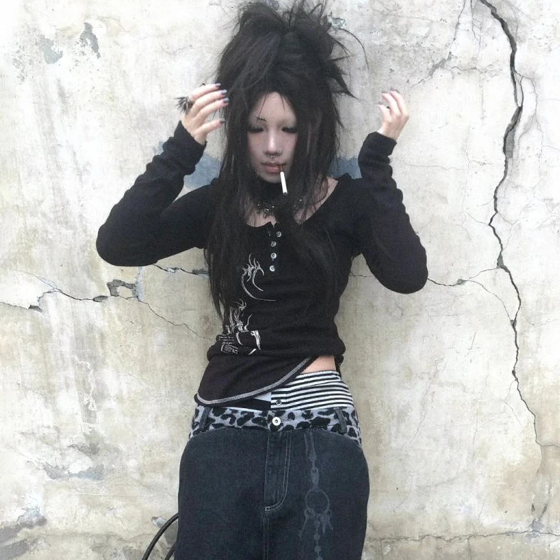 Karrcat Grunge Aesthetics Button Tops Trashy Y2k Tattoo Print Tshirt Vintage Gothic Black Irregular Tee Shirt American Retro 251027