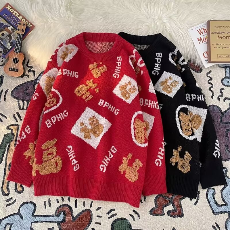 Red Festive Sweater With 'fu' Character For Men And Women Loose And Designer Sweater Lazy Style Knitted Top For Winter