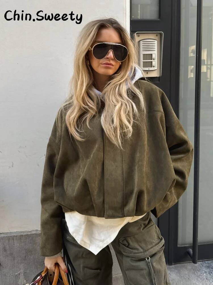 winter jacket women Vintage Suede Green Bomber Jacket Women Loose Lapel Full Sleeve Zipper Commute Coat Autumn Lady High Street All-match Coats