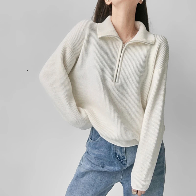 Long Sleeve Solid Gray White Pullover Womens Turtleneck Zippers Fashion Women Sweaters Casual Knitted Sweater Woman Winter 2025 251027