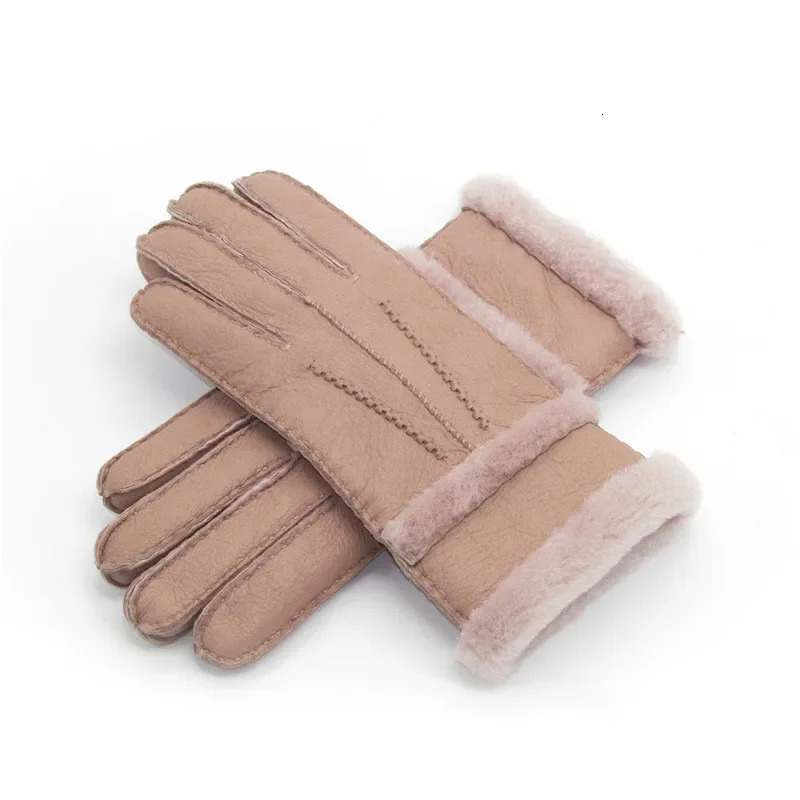 100 Genuine Sheepskin Leather Gloves Women Winter Autumn Fashion Warm Fleece Snow Mittens Men Outdoor Five Finger Wrist Gloves 251024