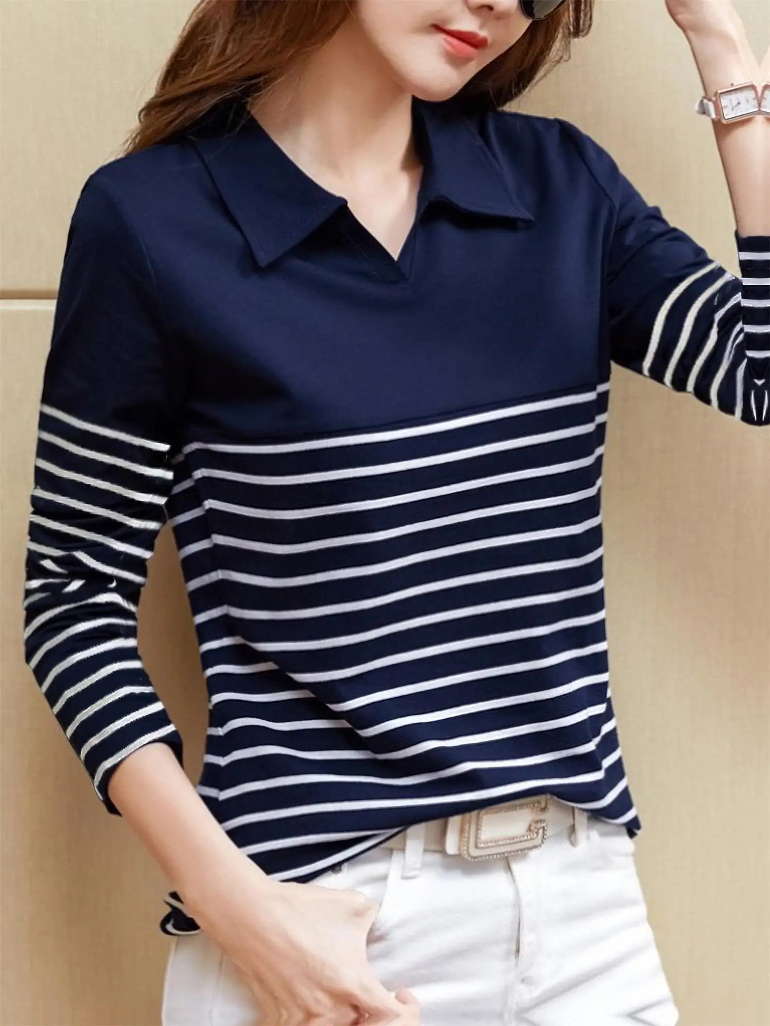 Womens striped color matching longsleeved POLO shirts fashion casual knitted tops can not be dry cleaned 251027