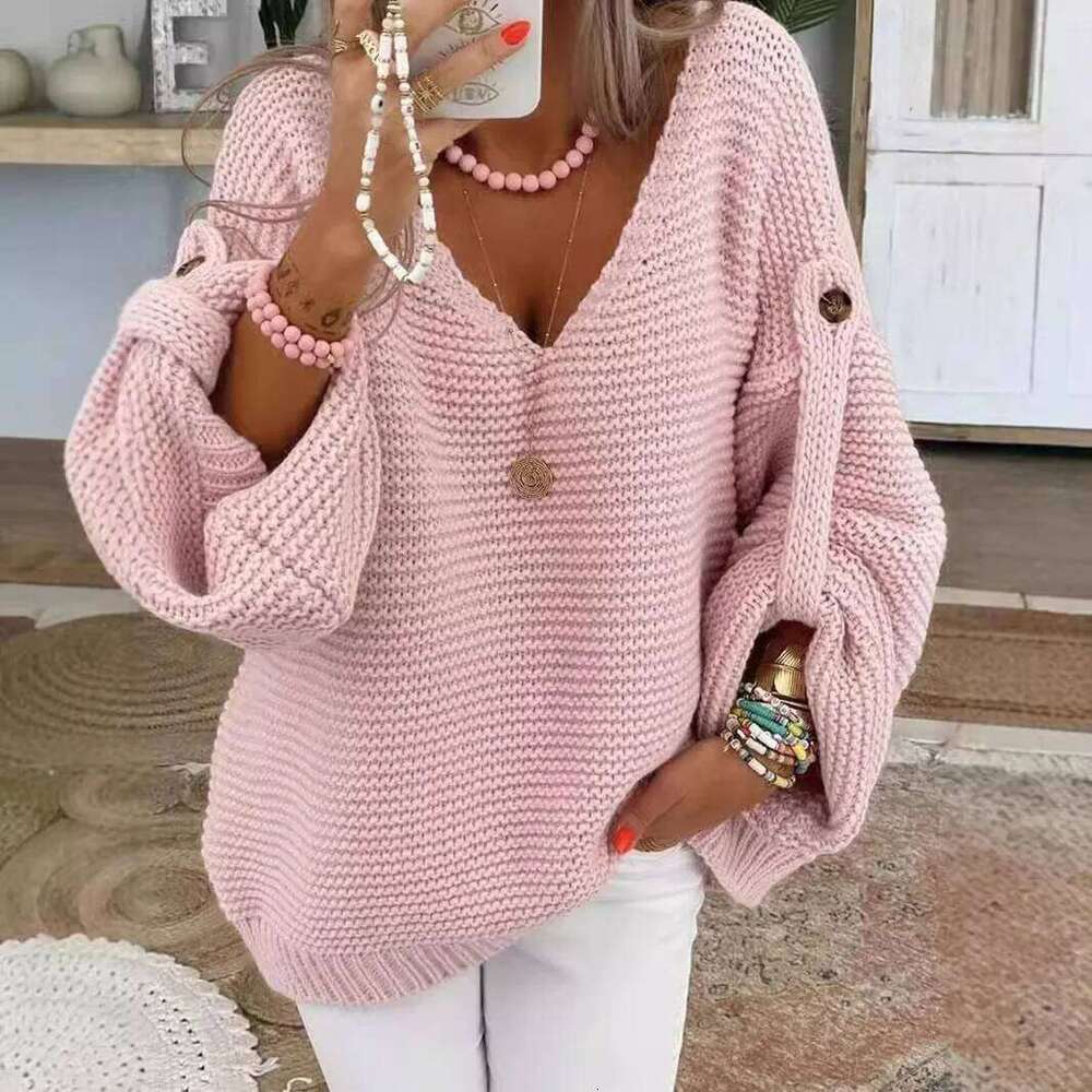 Casual Knitted V Neck Sweater Fall Winter Fashion Button Warm Commuter Jumper Elegant Solid Adjustable Long Sleeve Pullover Women Sweater Designer Swe