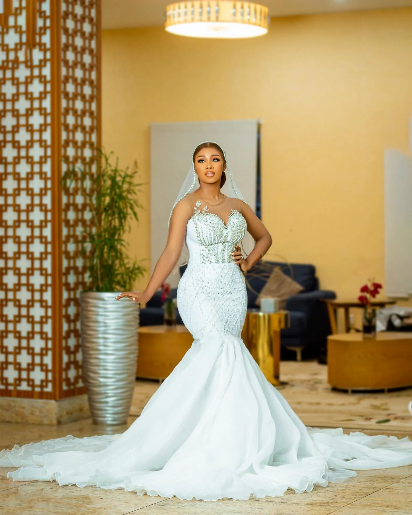 Arabic Aso Ebi Plus Size Mermaid Wedding Dress in Ivory with Full Sleeves Crystals Beaded and Organza Fabric For Bride