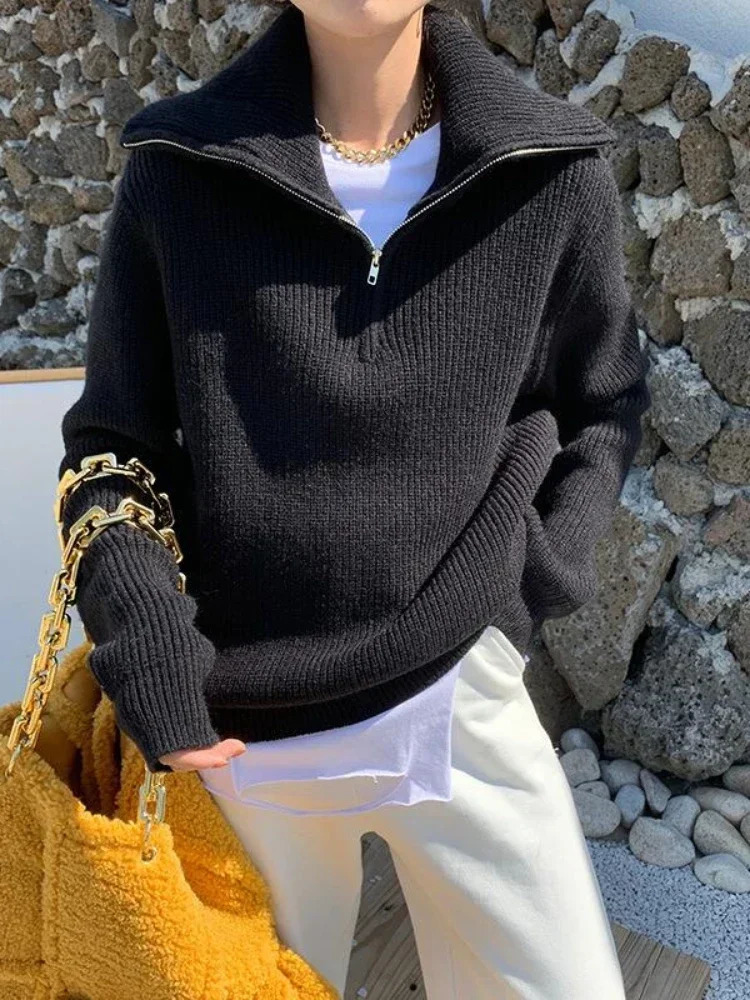 Casual Long Fashion Zippers Sweaters Winter Womens Turtleneck Knitted Oversized Solid Gray Black Sleeve Pullovers for Women 251027