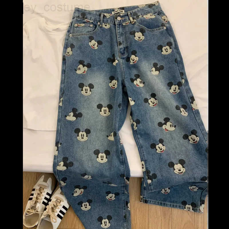 Disney Personality Mickey Womens New Cute Cartoon Print Pattern Fashionable and Versatile Casual Comfortable High Waist Jeans H251027