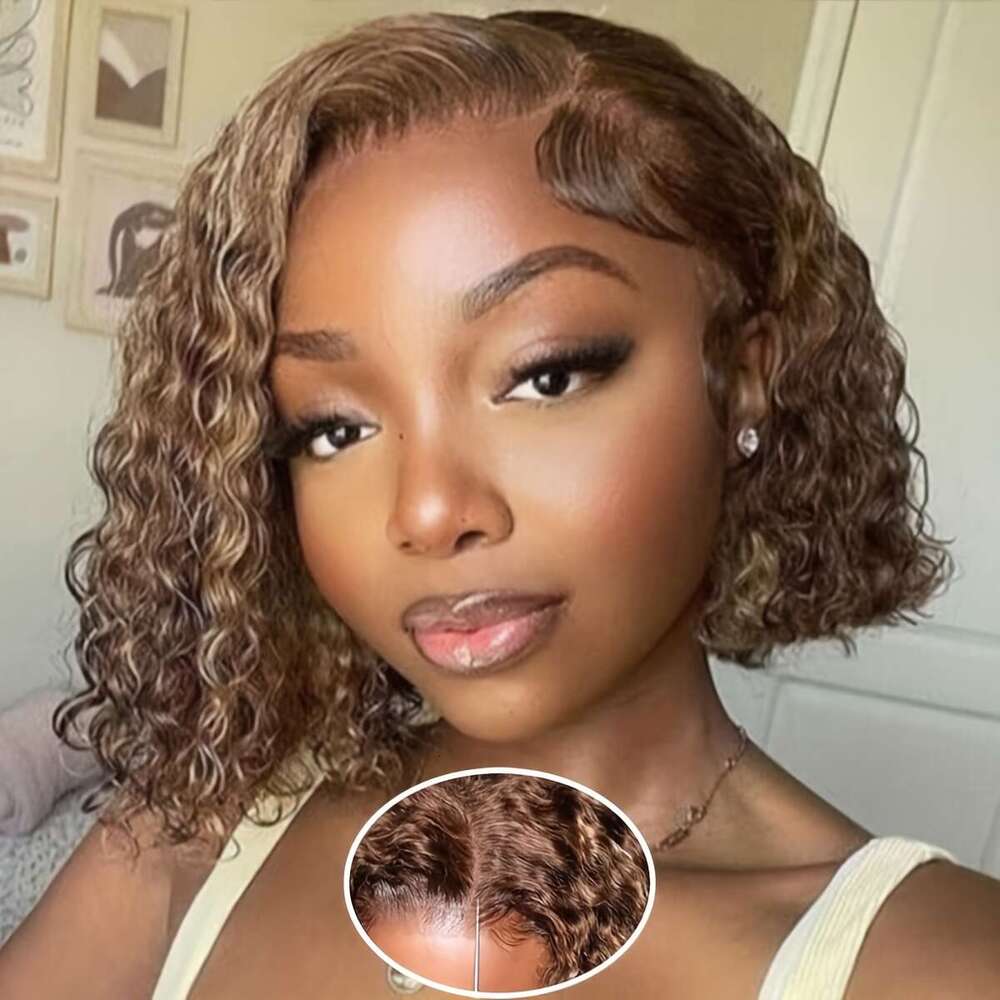 Brazilian Human Hair Short With 13X4 Front - Brown To Blonde Ombre Curly Wigs Women &, 200% Density Water Wave Bob Cut, Full Lace Frontal Wig For Sens