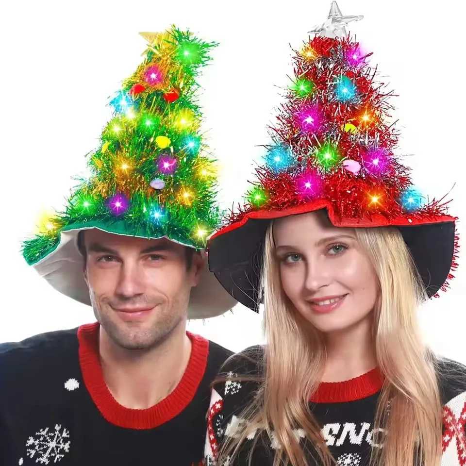 2026 Adults Kids Blinking Glowing Christmas Tree Hats Santa Hat with Tinsel LED Colorful Lights Star New Year CostumeW251027