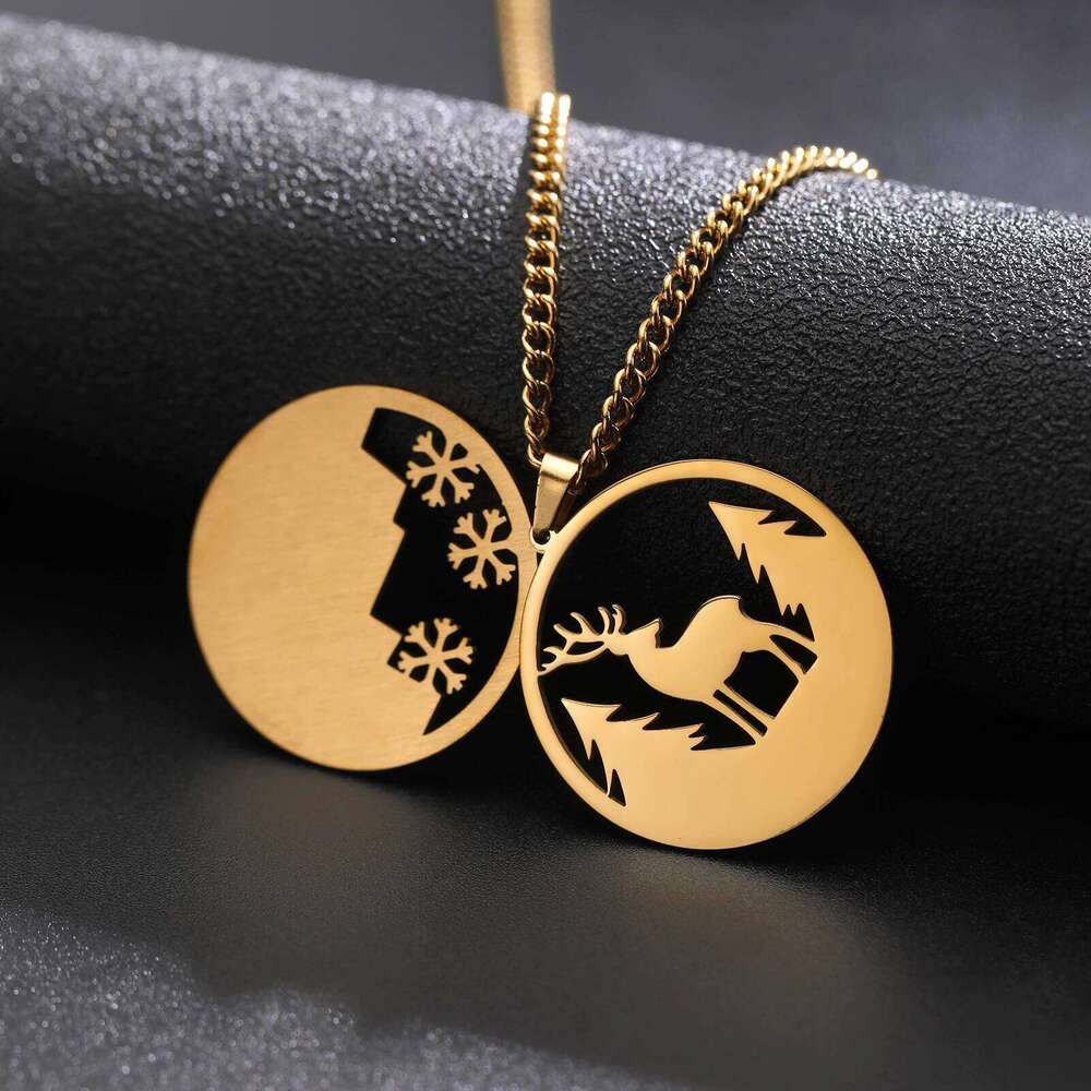 Lemegeton Snow Deer Necklace Stainless Steel Double Pendant Choker Neck Chain Forest Animal Jewelry Couple Christmas Day Gifts