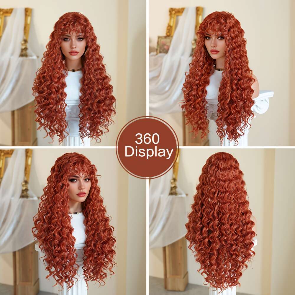 Costume Long Deep Orange Brown With Bangs High Density Fluffy Curly Wave Wig Heat Resistant Synthetic For Women Daily Party Use Music Festival Hallowe