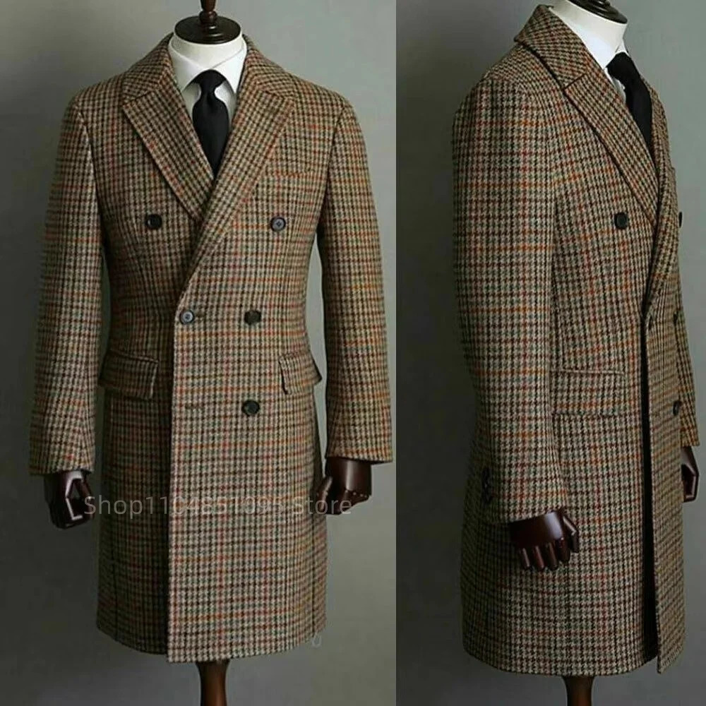 Autumn And Winter Men Wool Brown Houndstooth Overcoat Doublebreasted Lapel Warm Long Coat Formal Clothing 251016