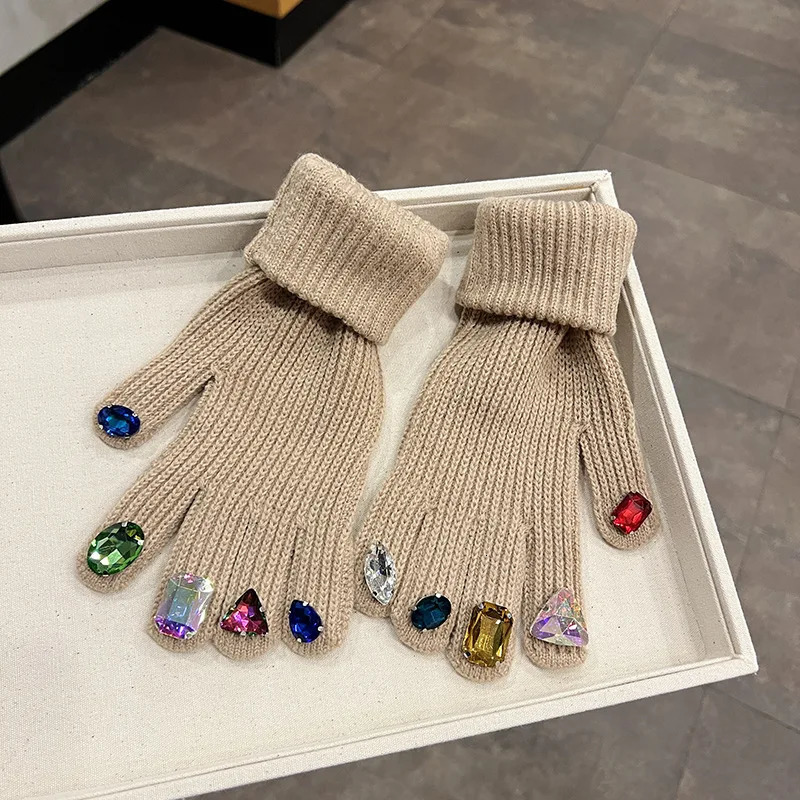 Women Gloves Cute Autumn Winter Ins Style Rhinestone Split Finger Knitted Gloves Korean Fashion Y2K 251024