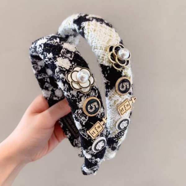 Black White Camellia Embroidery Hairband Woolen Weave Padded Headband Black and white checkered sponge hairband