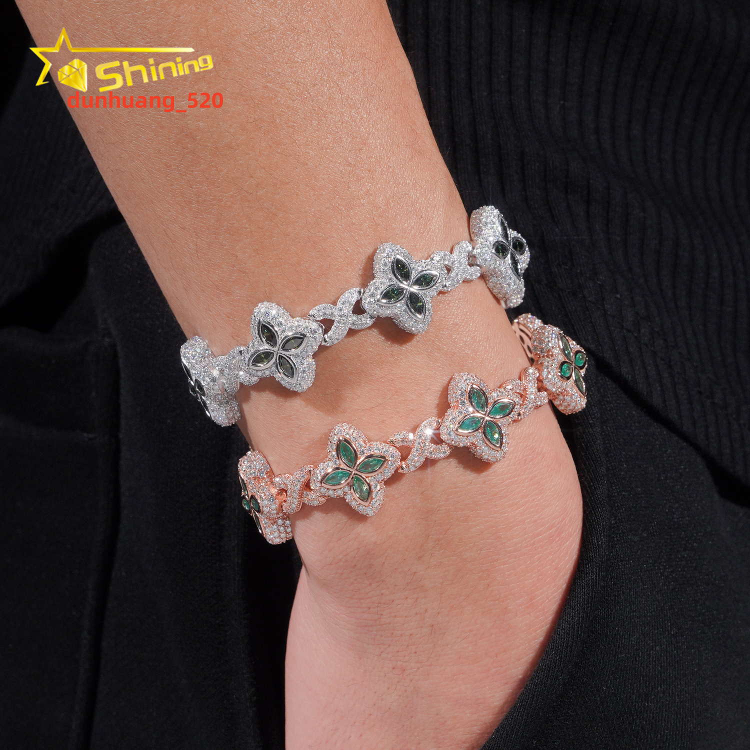 New Design Hot Sale Hip Hop Blue Green Colored Marquise 925 Sterling Silver VVS Moissanite Iced Out Bracelet Men