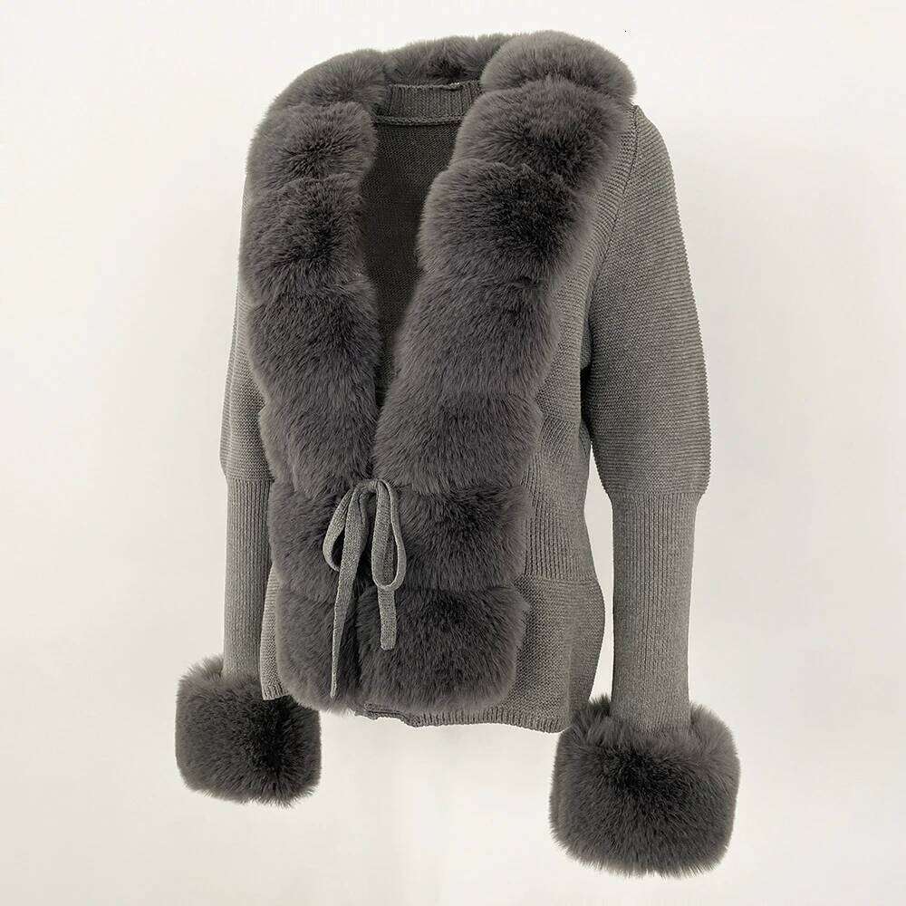 Coat Eco-Friendly Detachable Collar Knitwear Woman Fur Jacket Knitted Patchwork Knit Sweater Autumn Cardigan