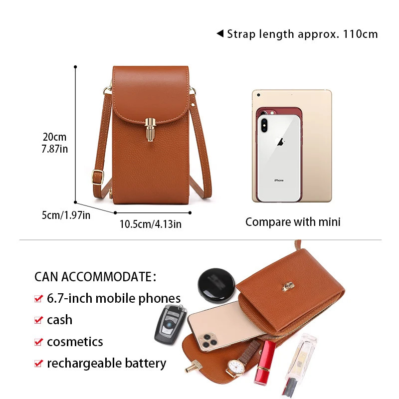 Genuine leather phone bag crossbody bag shoulder bag with 8 card slots ID evidence slot zipper pocket lychee patterned cowh 251027