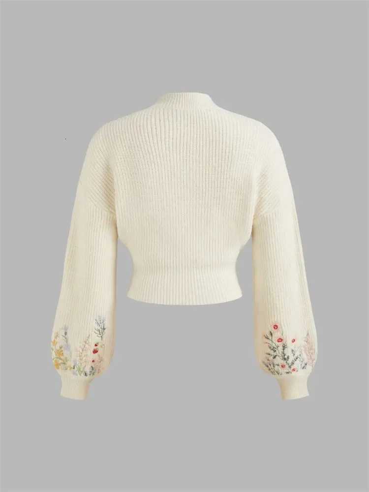 Casual Floral Embroidery Lantern Long Sleeve Sweater for Women Autumn Winter Elegant Mock Neck Cropped Knit Sweater Pullover TopT251027