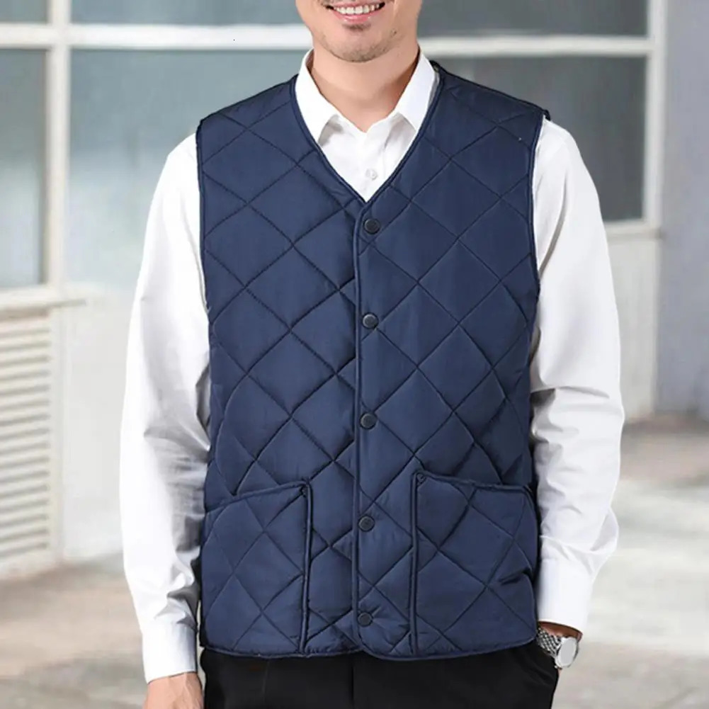 Winter Warm Vest Mens Vneck Down Padding Vest with Button Closure Coldproof Sleeveless Jacket Autumn Winter Solid Color 251024