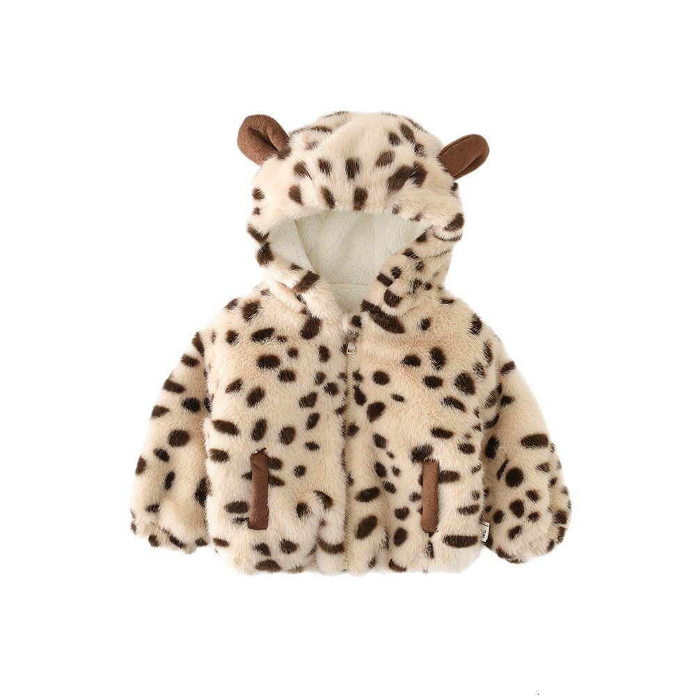 New hot selling boy and girl fur sweater jacket with fashionable leopard print wool lining, thickened autumn and winter hooded baby cotton jacket