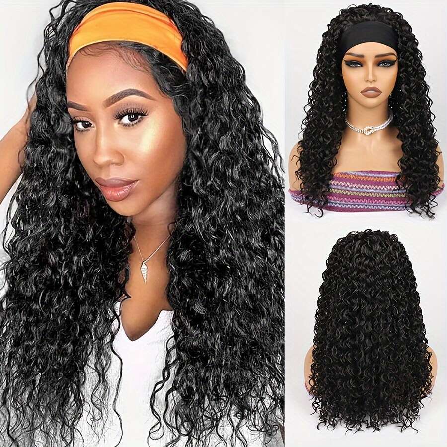 1Pc Elegant Unisex-Adult Curly Headband Wig, 180% Density Water Wave Synthetic Half With Elastic Cap And Attached Headbands, High Temperature Fiber, G