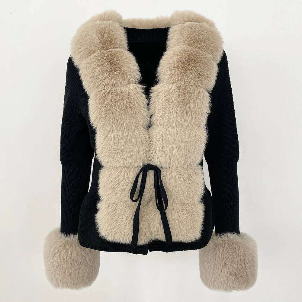 Coat Eco-Friendly Detachable Collar Knitwear Woman Fur Jacket Knitted Patchwork Knit Sweater Autumn Cardigan