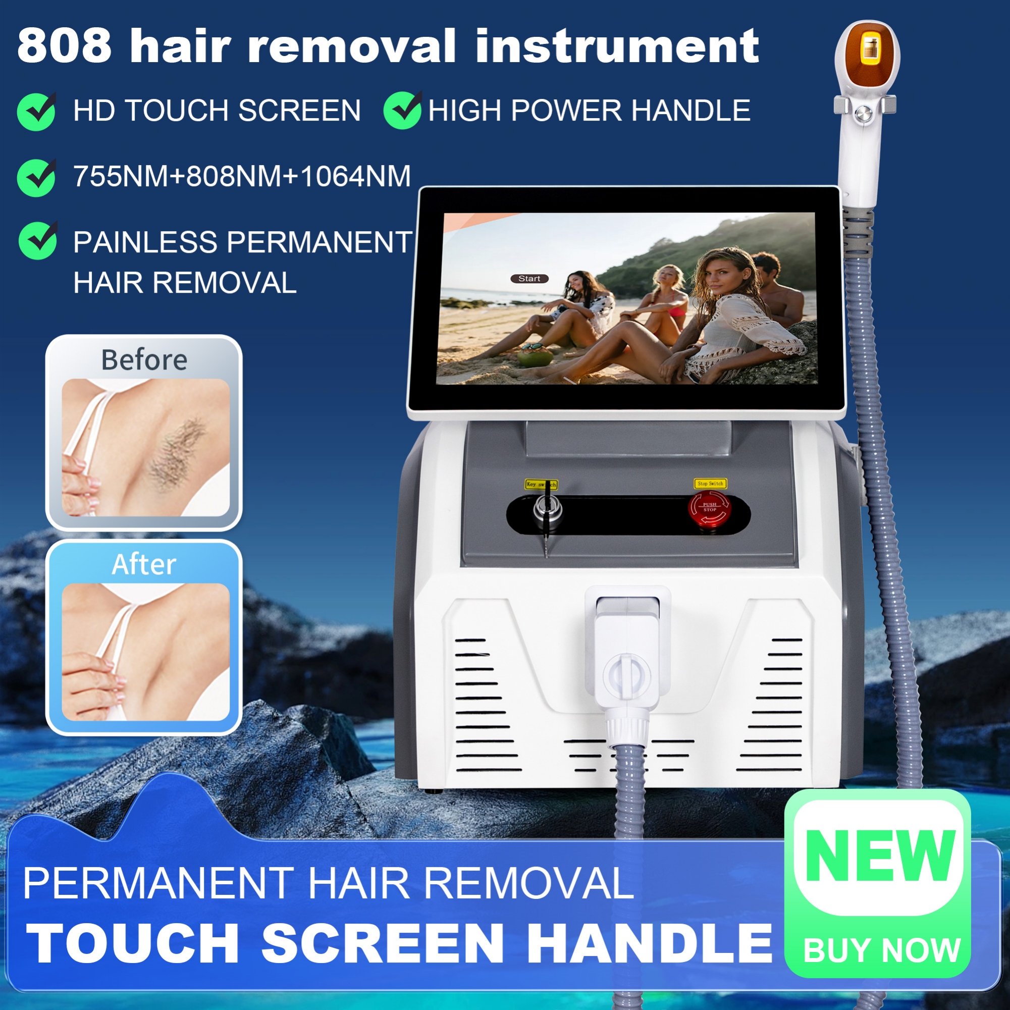 Professional 808nm Diode Laser Hair Removal Device With Cooling Technology Ice Tip Painless Treatment For Women and Men Body Face
