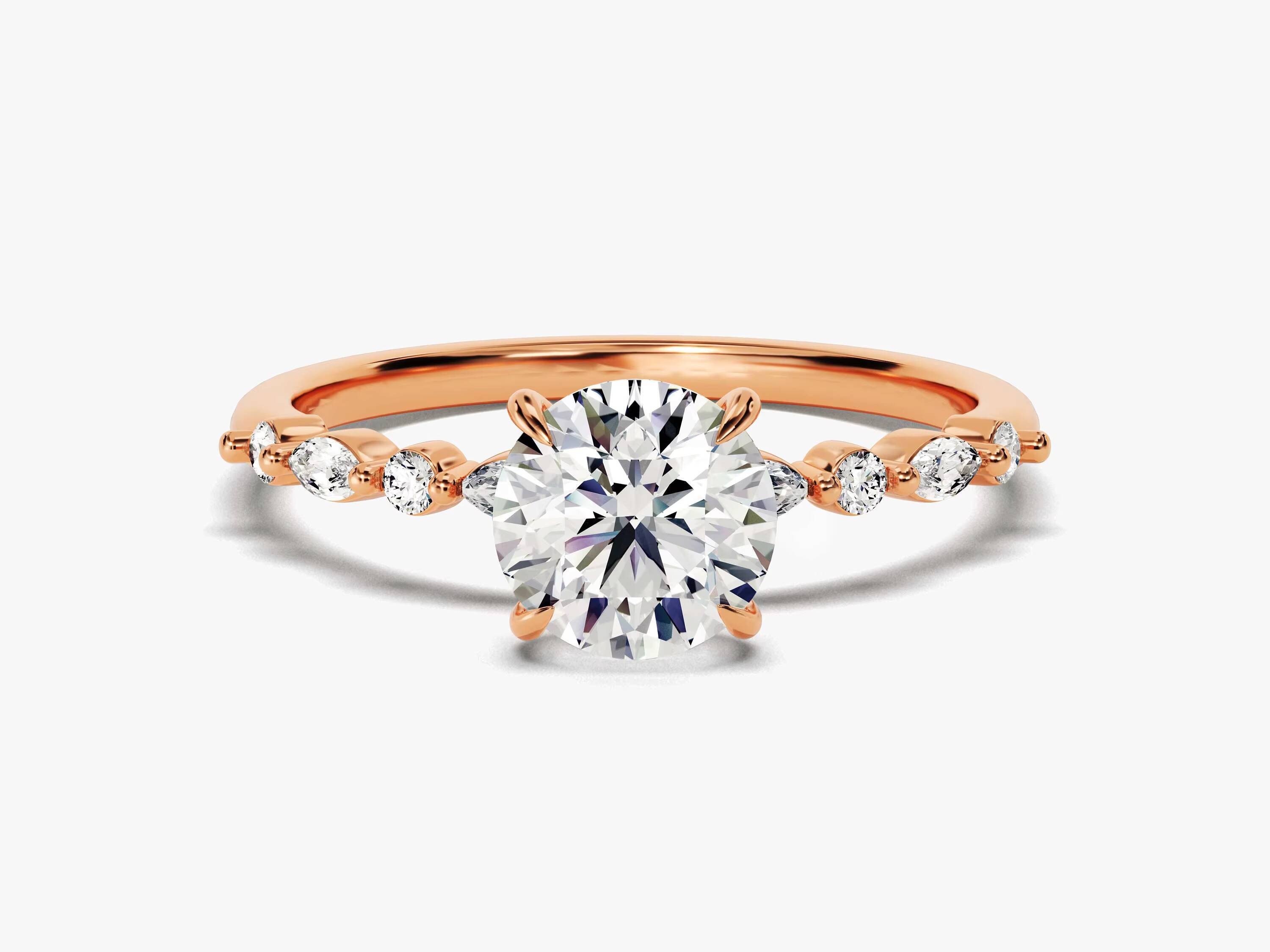 Round and Marquise Sidestones Engagement Ring 14k 18k Solid Gold Lab Diamond Ring Promise Ring