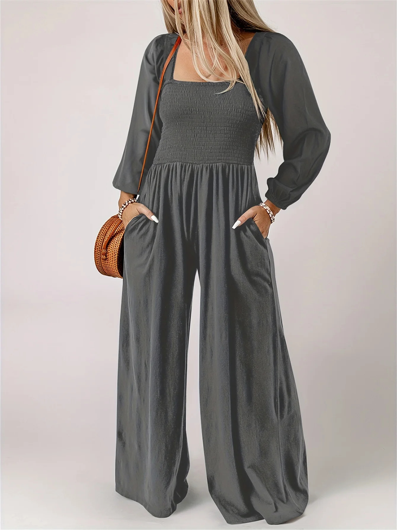 plus size solid color wide leg pants simple commuting style comfortable and casual womens high waisted jumpsuit 251027