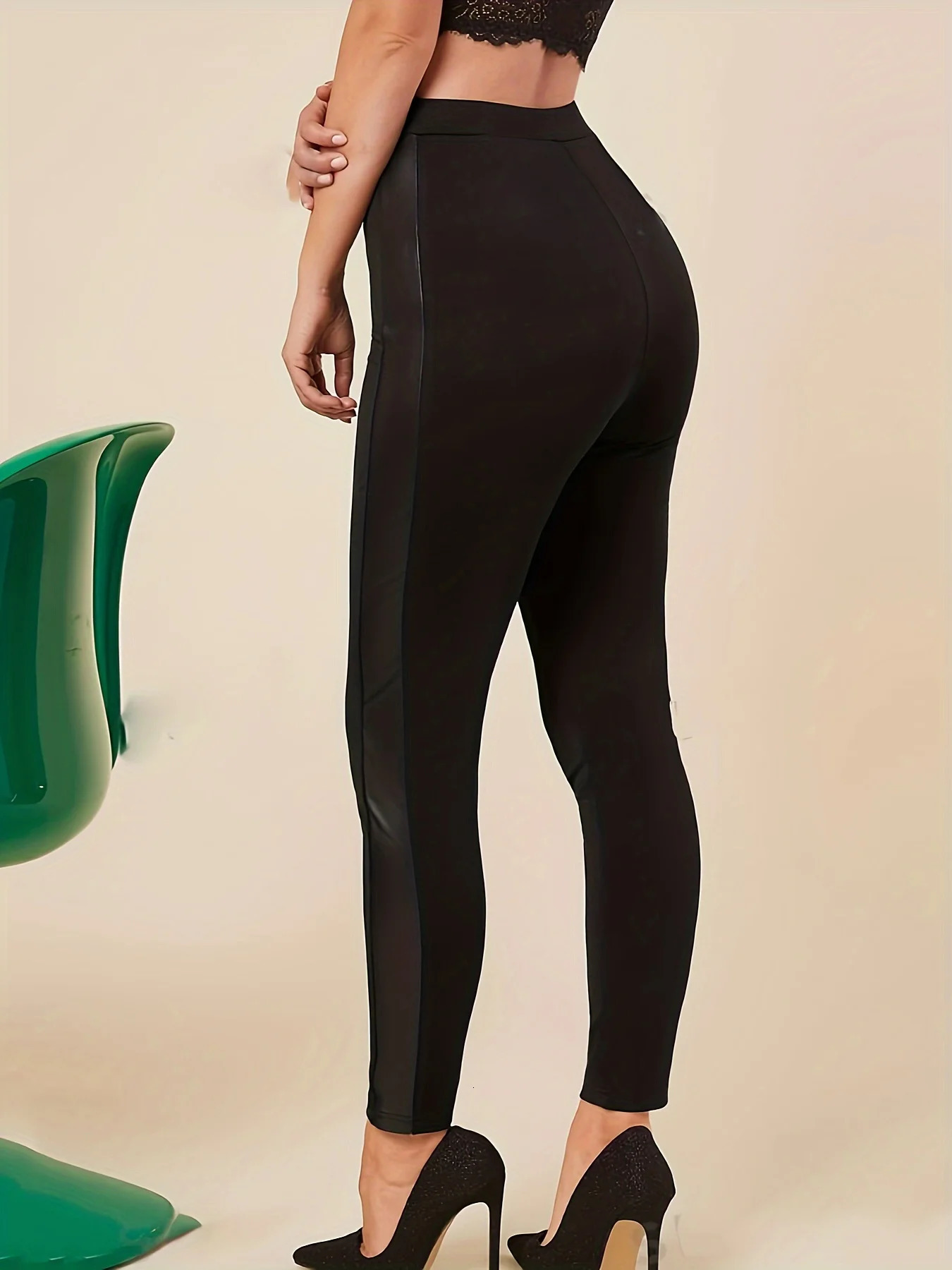 Solid color tight leggings PU leather splicing casual high waist stretch leggings womens clothing suitable for spring autu 251027