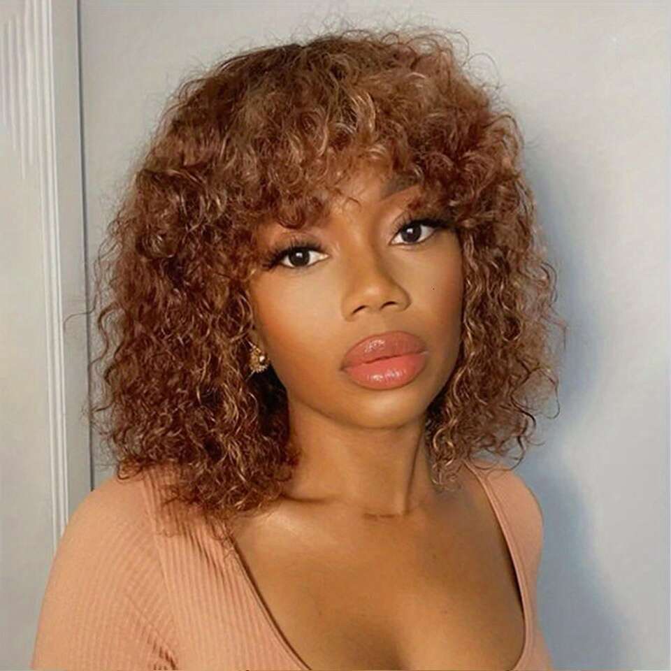 100% Brazilian Human Hair Wig - Ombre Brown Jerry Bob Bangs, Short Pixie Cut & Curly Wave, 150% Density Hairpiece For Men &, Rose Net Compatible With 