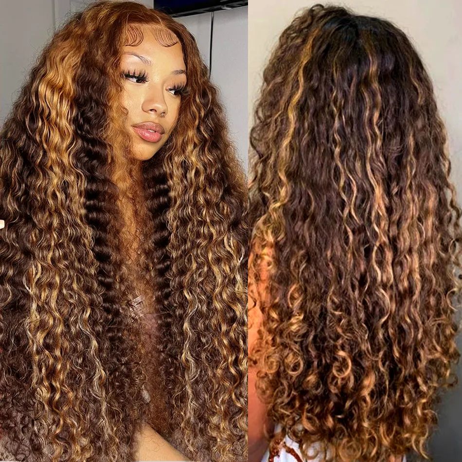 200% Density 4/27 Deep Wave Wigs Glueless 360 Lace Frontal Wigs Human Hair Highlight Ombre Brown Curly Lace Wigs For Women