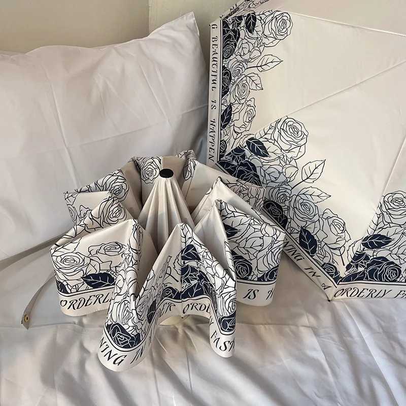 High Appearance Level Retro French Black and White with Girls Sunshade UV Triple Fold Automatic Clear Umbrella C251027