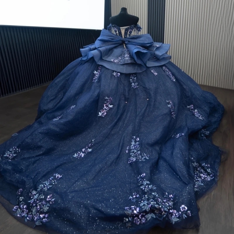 Navy Blue Shiny Quinceanera Dresses Off The Shoulder Sequin Applique Lace Beads Bow Corset Tull Party Birthday Sweet 16 Dress
