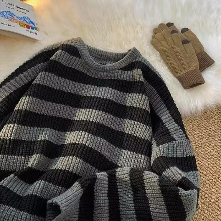 Color Block Designer Sweater Striped Sweater Men Winter American Style Lazy Warm Knitwear High-end Trendy Brand Crew Neck Jacket