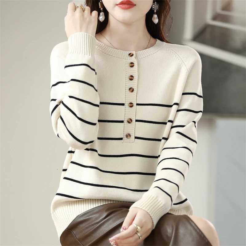 Womens LongSleeve Pullover Striped Sweater Pure Cotton Autumn Winter Warm Comfortable Casual KnitwearGH553T251027