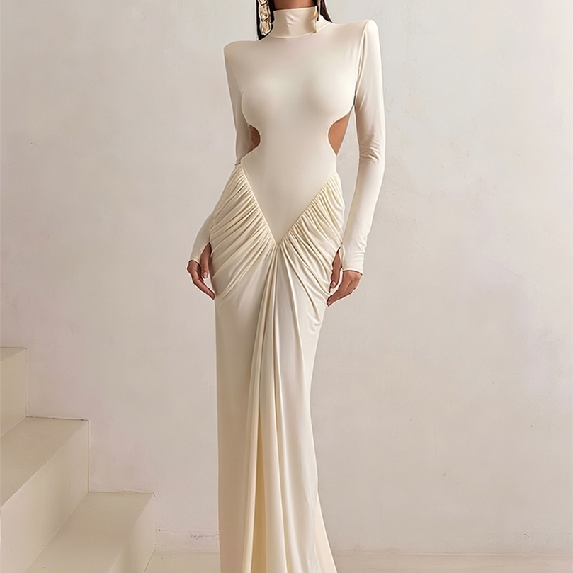 Weird Puss Backless Maxi Dress Women Long Sleeve Shoulder Pads Waistless Peach Buttocks Ruched Elegant Banquet Skinny Vestidos 251022