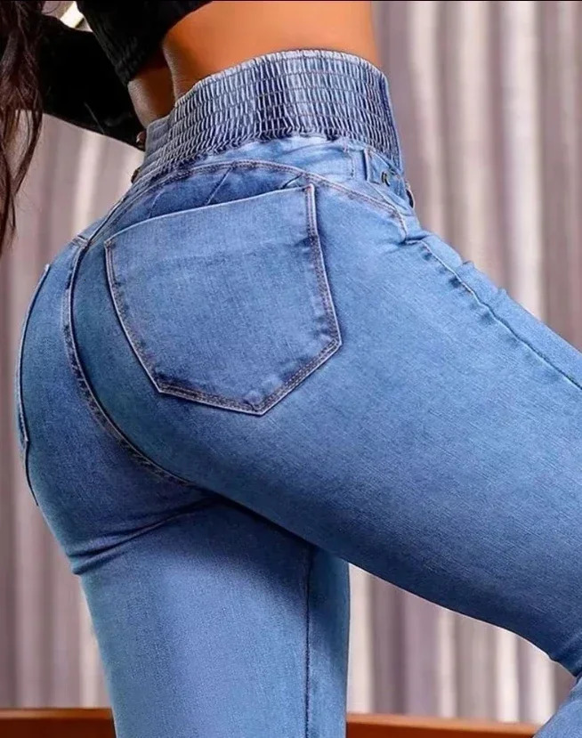 ALLUKASA autumn winter Elegant High Waist Button Front Casual Female Jeans Sexy Fashion Back Shirred Trouser Bottom 251027
