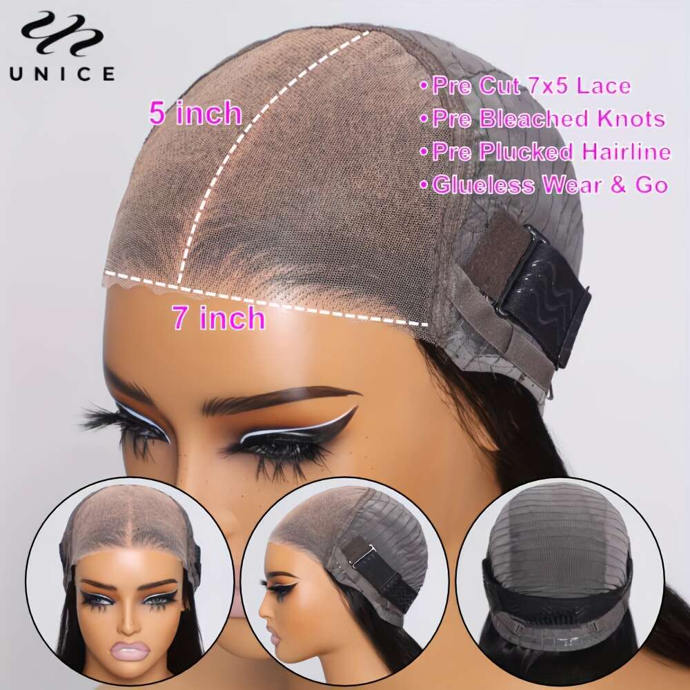 UNICE Bye Knots Water Wave 7X5 Lace Front Wigs With Elastic Drawstring Glueless Human Hair Plucked Pre Cut Bleached Knots, Protective Hairstyle, Natur