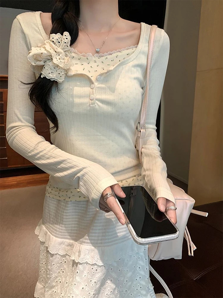 Floral Patchwork Long Sleeve Tshirt False Twopiece Lace Women Top 2025 Spring Slimming Tshirt Fashion Korean Style Clothing 251027