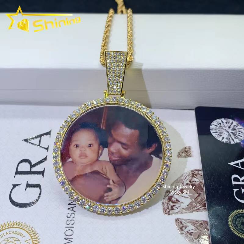 Ready to Ship Hip Hop Pendant 925 Silver Gold Plated Vvs Moissanite Diamond Memory Photo Pendant Custom Moissanite Pendant