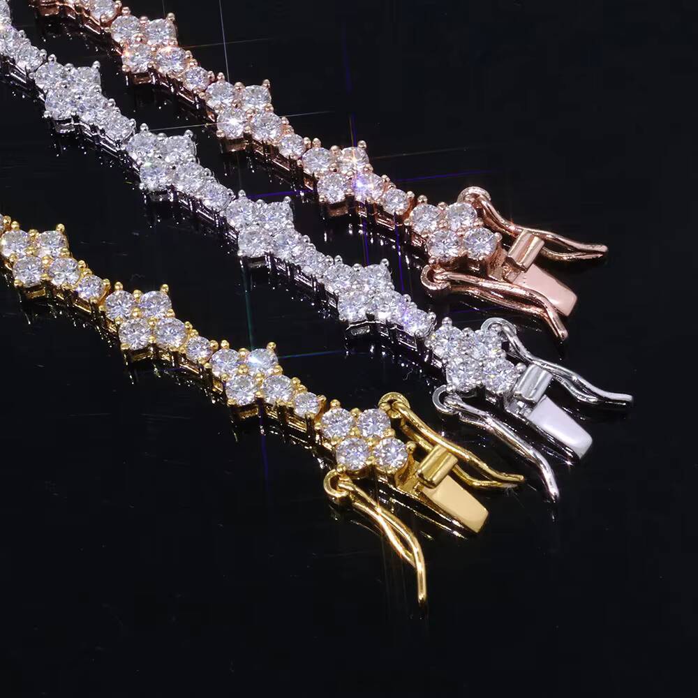 NUOYA Hiphop Jewelry 925 Sterling Silver Moissanite Tennis Chain Womens Necklace Iced Out VVS Diamond Flower Shape Tennis Chain