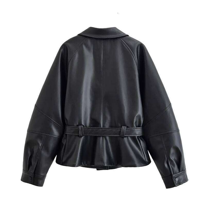 Women's 2025 Autumn New Arrival Black Long-Sleeve Faux Leather Short Trench Coat Motorcycle Style Fashionable And Unique