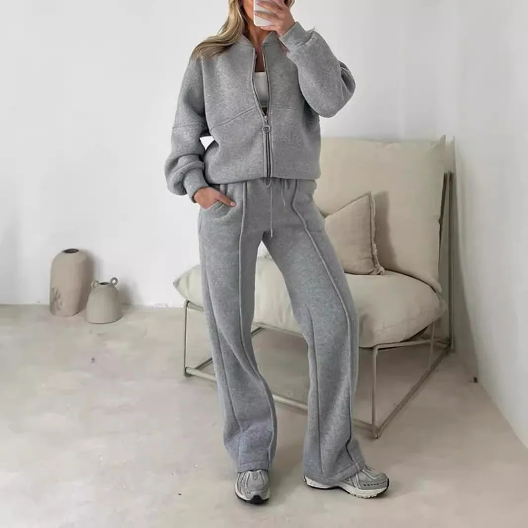 Tracksuit Women Two Pieces Pant Sets Sweatshirts Zipper Long Sleeve Straight Pants Drawstring Pocket Sports Autumn Winter 251027