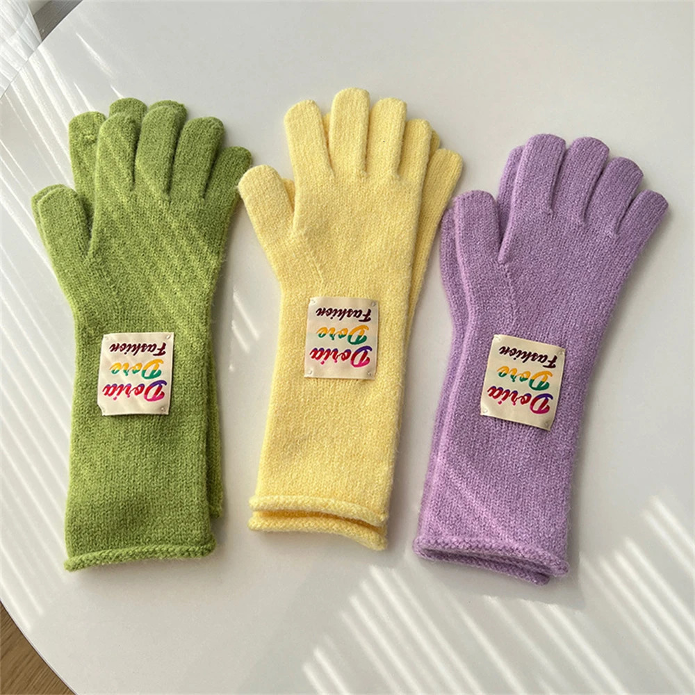 Solid Color Woolen Knitted Gloves Korean Long Split Finger Gloves Women Winter Thickened Student Mitten Touch Screen Work Gloves 251024