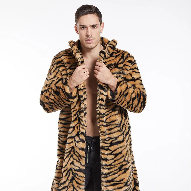 Men Faux Fur Jacket Tiger Leopard Print Coat Mid Length Thick Winter Warm Turn Down Collar Outerwear Vintage Casual Overcoat 251018