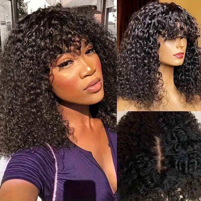 Chic Kinky Curly Bob With Bangs Women - 180% Density, HD Lace Front, Glueless Human Hair, Natural Black Color, Versatile Style For All Ethnicities, Ha