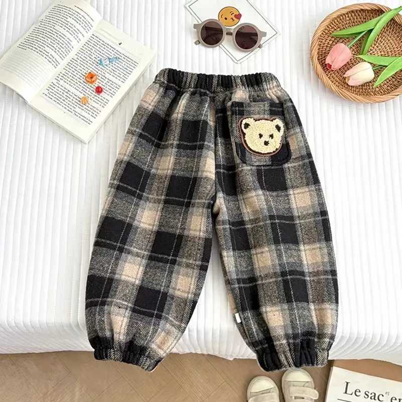 Winter Kids Fleece Lined Plaid Pants Thickened Warm Stylish Unisex Baby Trousers Casual Comfortable Long PantsT251027